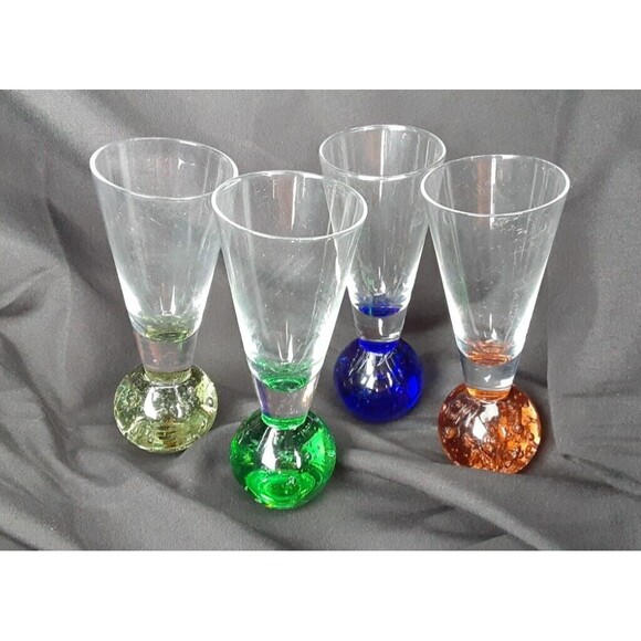 Vtg Set of 4 CORDIALS Liqueur SHOT Glasses Air Bubble Colored Ball Bottom Bases - Picture 1 of 8